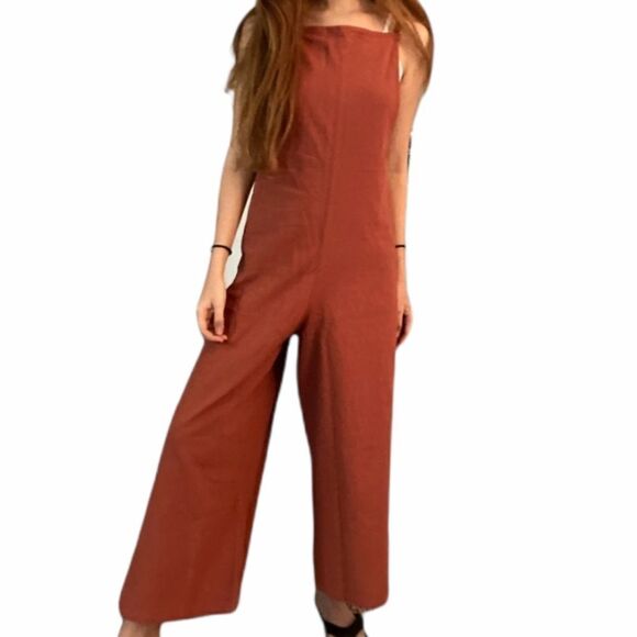 Vintage 90s YESNO Brown Jumpsuit Wide Leg Pockets Spaghetti Straps Women Large - Picture 1 of 11